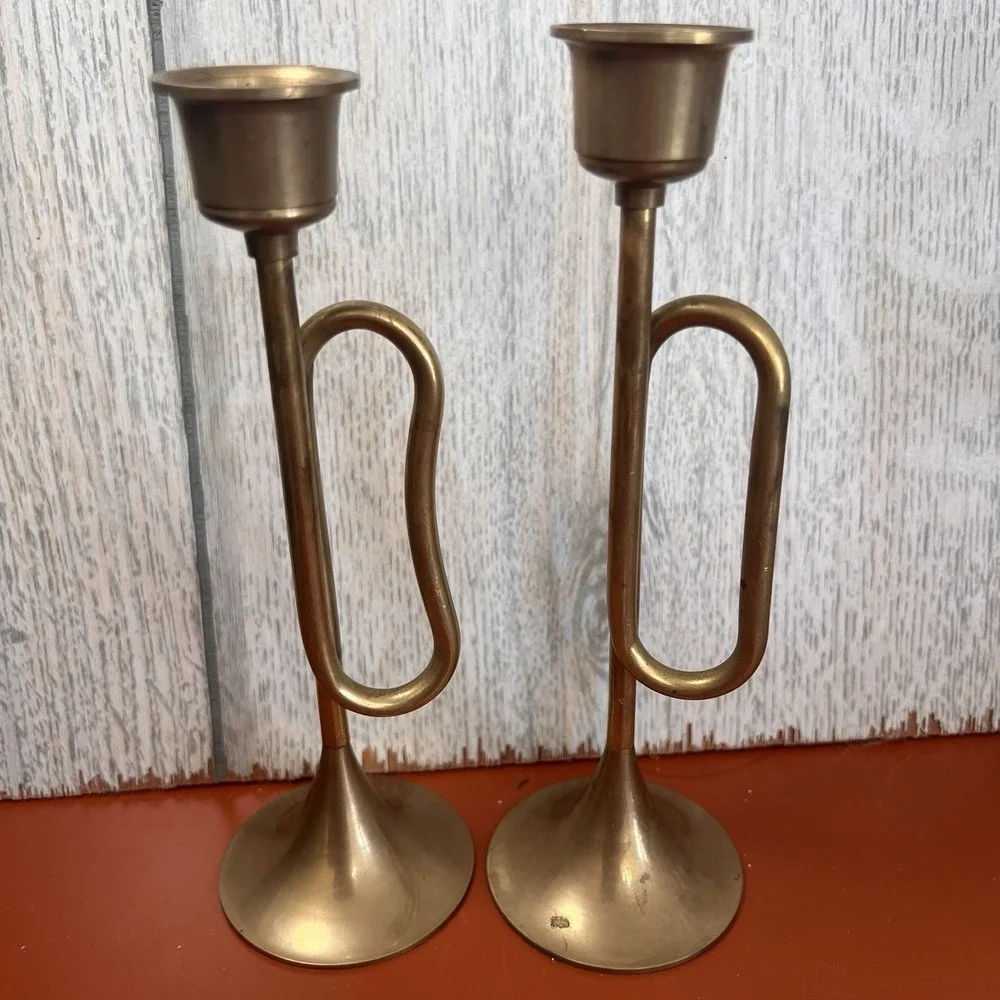 2 Vintage Brass Candlesticks Horn Shaped Made in Taiwan | 1960s 1970s